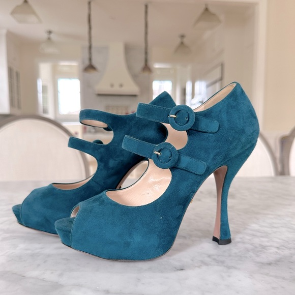 Prada suede teal double strap shoe 37 - Picture 1 of 14